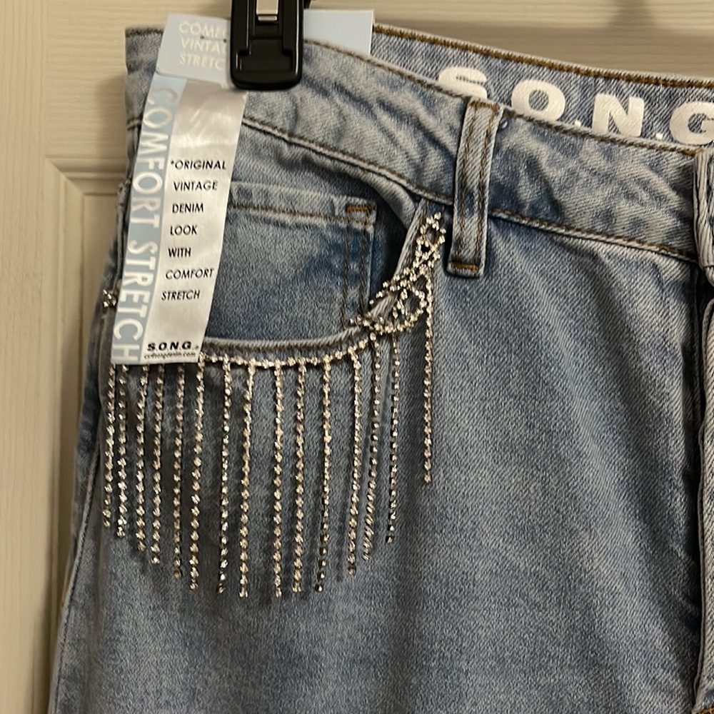 NEW Song Women's Rhinestone Y2K  Embellished Street Straight Jeans Size 13/31
